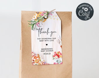 Etiqueta de favores de baby shower de barbacoa editable, etiquetas de regalo de baby shower Baby-Q, plantilla imprimible de favores de barbacoa rústica de baby shower coed en el patio trasero 0273