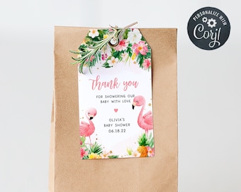 Editable Flamingo Baby Shower Favor Tag, Tropical Baby Shower Gift Tags, Hawaiian Luau Decorations, Aloha Pineapple Printable Template 0198