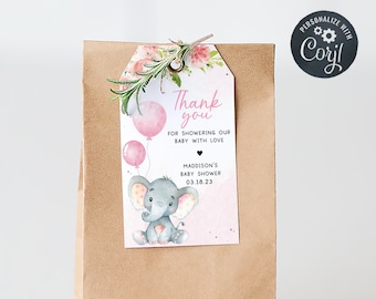 Editable Blush Pink Elephant Baby Shower Favor Tags, Girl Baby Elephant Favor Tag, Pink Floral Baby Shower Gift Tags Printable Template 0233