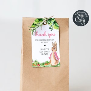 Editable Pink Peter Rabbit Baby Shower Favor Tags Girl Rustic Bunny Baby Shower Gift Tags Spring Garden Party Favors Printable Template 0241