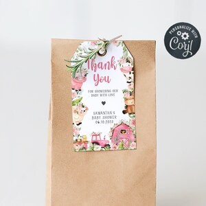 Editable Farm Baby Shower Favor Tags, Floral Pink Barnyard Baby Shower Gift Tag, Girl Farm Animals Thank you Tags Printable Template 0321