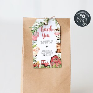 Editable Farm Baby Shower Favor Tags, Red Barnyard Baby Shower Gift Tag, Farm Animals Gender Neutral Thank you Tag Printable Template 0318