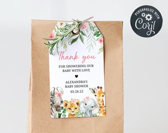 Editable Jungle Baby Shower Favor Tags Girl Safari Animals Baby Shower Favors Safari Baby Shower Tag Floral Printable Gift Tag Template 0185