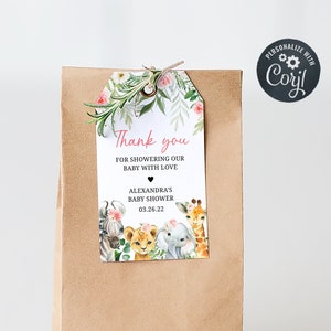 May include: A white thank you tag with a pink floral design and a watercolor illustration of jungle animals. The tag says "Thank you for showering our baby with love. Alexandra's Baby Shower 03.26.22".