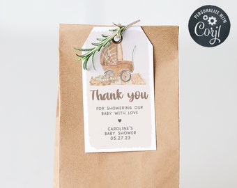 Editable Stroller Baby Shower Favor Tag, Modern Boho Baby Shower Gift Tag, Gender Neutral Nursery Baby Thank you Tag Printable Template 0290