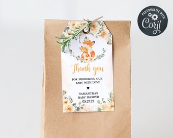 Etiquetas editables de favor de baby shower de zorro floral, etiqueta de regalo de baby shower de otoño, etiquetas de agradecimiento de zorro del bosque de niña, plantilla de signo de animales del bosque 0355