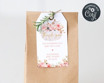 Redigerbara etiketter för babyshower med rosa blommiga pumpor, etiketter för babyshower med höstmotiv för flickor, mall för presentetiketter för höstmotiv för babyshower 0442