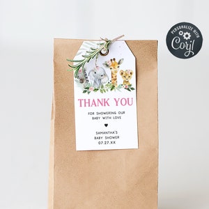 Editable Girl Safari Baby Shower Favor Tags, Floral Jungle Baby Shower Gifts Tag, Pink Floral Jungle Safari Animals Thank You Tags, 0730
