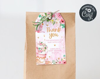 Redigerbara etiketter för babyshowergåvor till Tea Party, etiketter för babyshowergåvor som brygger en bebis, etiketter för rosa blommiga tacketiketter till babyshowern, 0279