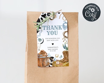 Editable Cowboy Baby Shower Favor Tag, Rodeo Baby Shower Gift Tag, A Little Cowboy Is On The Way, Wild West Baby Shower Thank You Tag, 0723