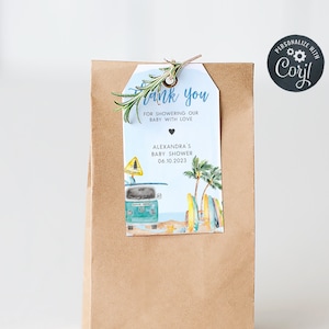 Baby an Bord Baby Shower Gefälligkeiten Tags Surfen Baby Shower Geschenke Tag Sommer Strand Baby Shower Danke, Label Printable Vorlage 0271