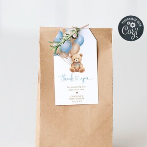 Editable Boho Brown Bear Baby Shower Favor Tags, Blue Balloon Baby Shower Gifts Tag, We Can Bearly Wait Boy Baby Shower Thank You Tags, 0672 image 1
