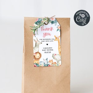 Étiquettes modifiables de faveur de baby shower de safari de fille, étiquette de cadeaux de baby shower de jungle florale, étiquettes de remerciement de douche d&#39;animaux de safari de jungle sauvage, 0331