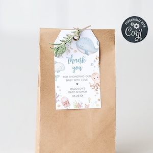 Editable Under The Sea Baby Shower Favor Tag, Neutral Nautical Baby Shower Gift Tag, Sea Creatures Ocean Baby Shower Thank You Tags, 0716 image 1