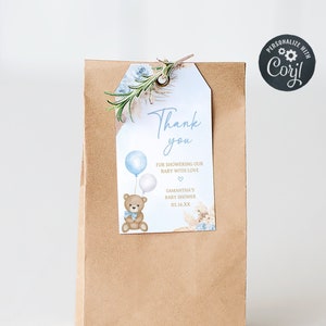 Editable Blue Pampas Grass Boy Boho Bear Baby Shower Favor Tags, We Can Bearly Wait Baby Shower Gifts Tag, Brown Bear Thank You Tags, 0622 image 1