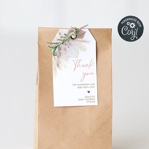 Editable Pink Boho Baby Shower Favor Tags, Girl Pampas Grass Baby Shower Gift Tag, Rustic Boho Floral Baby Shower Thank You Favor Tags, 0600 image 1