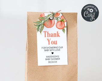 Editable Peach Baby Shower Favor Tag, A Sweet Little Peach Baby Shower Gift Tag, Greenery Sweet Peach Girl Baby Shower Thank You Tag, 0796