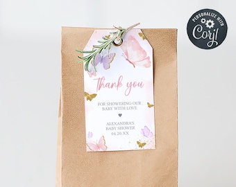 Bewerkbare vlinder baby shower gunst Tags, meisje roze vlinders kraamcadeau cadeaulabel, gouden vlinder lente babyshower bedankje tag, 0668