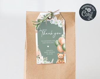 Editable Gender Neutral Bear Baby Shower Favor Tag, Green Bear Boho Baby Shower Gift Tag, Sage Green Balloons Baby Shower Thank You Tag 0693