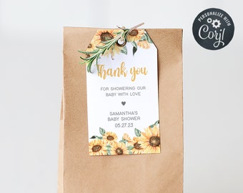 Editable Sunflower Baby Shower Favors Tag, Rustic Sunflower Baby Shower Favor Tags, Girl Boho Sunflower Baby Shower Gift Tags Template 0380