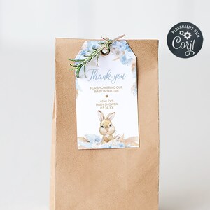 Editable Boy Rabbit Baby Shower Favor Tags, Blue Boho Rabbit Baby Shower Gift Tags, Pampas Grass Boy Bunny Baby Shower Thank You Tags, 0611 image 1