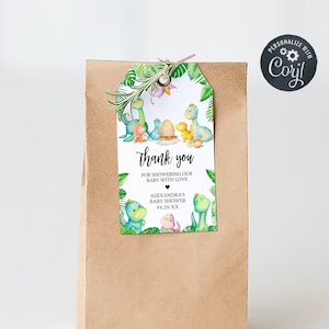 Editable Dinosaur Baby Shower Favor Tags, Dino Baby Shower Gift Tag, Gender Neutral Greenery Dinosaurs Baby Shower Thank You Favor Tag, 0667