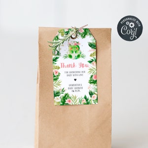 Editable Girl Dinosaur Baby Shower Favor Tags, Pink Floral Dino Baby Shower Gift Tag, Greenery Cute Dinosaurs Baby Shower Thank You Tag 0317