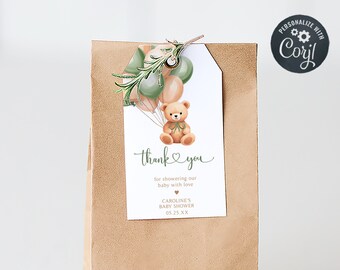 Editable Gender Neutral Bear Baby Shower Favor Tag, Sage Green Balloon Baby Shower Gift Tag, Green Boho Bear Baby Shower Thank You Tag, 0687