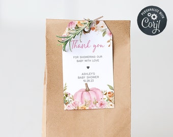 Redigerbara rosa blommiga pumpa-babyshowergåvoetiketter, presentetikett för flicka på hösten, tacketikett för babyshower med liten pumpa, 0478