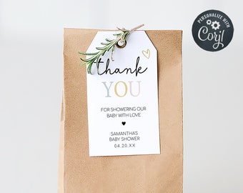 Editable Minimalist Baby Shower Favor Tags, Modern Boho Baby Shower Gifts Tag, Hello Baby Gender Neutral Baby Shower Thank You Tags, 0656