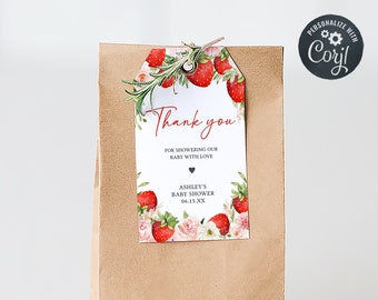 Etiqueta editable de favor de baby shower de fresa, etiquetas de regalo de baby shower dulce de baya, etiquetas de agradecimiento de baby shower de niña de fresa floral rosa, 0729