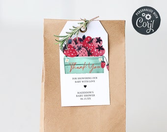 Etiqueta editable de favor de baby shower de fresa, etiqueta de regalo de baby shower de Berry Sweet On The Way, etiquetas de agradecimiento de baby shower de Blush Berry Girl, 0768