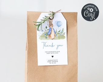 Bewerkbare blauwe Peter Rabbit babyshower bedankkaartje, Bunny Boy cadeaulabel babyshower, Peter Rabbit ballon lente babyshower bedankkaartje 0664