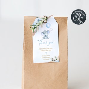 Etiquetas editables de favor de baby shower de elefante boho, etiqueta de regalo de baby shower de elefante azul niño, etiquetas de agradecimiento de ducha de hierba de pampas florales azules, 0618 imagen 1