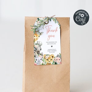 Editable A Little Wild One Jungle Baby Shower Favor Tags, Girl Jungle Baby Shower Gift Tags, Greenery Floral Safari Thank You Tags, 0602 image 1