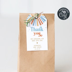 Etiquetas editables de favor de baby shower Sunshine, aquí viene la etiqueta de regalo de Baby Shower de hijo, etiquetas de agradecimiento de Blue Boy Boho Sunshine Baby Shower, 0642