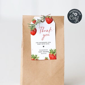 Editable Strawberry Baby Shower Favor Tags, Minimalist Red Strawberry Baby Shower Gifts Tag, Berry Sweet Baby Shower Thank You Tags, 0631