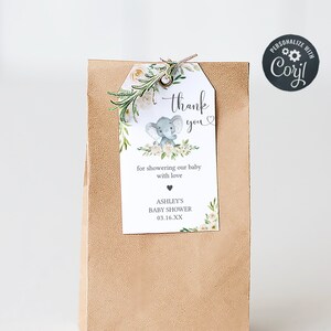 Editable Gender Neutral Elephant Baby Shower Favor Tags, Floral Elephant Baby Shower Gift Tag, Elephant Greenery Shower Thank You Tags, 0620 image 1
