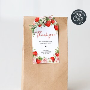 Étiquette modifiable de faveur de shower de bébé aux fraises, étiquettes de cadeau de shower de bébé doux baies, étiquettes de remerciement florales roses fraises fille bébé, 0729
