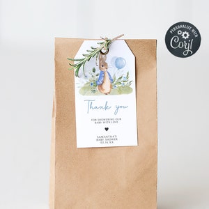 Editable Blue Peter Rabbit Baby Shower Favor Tag, Bunny Boy Baby Shower Gift Tag, Peter Rabbit Balloon Spring Baby Shower Thank You Tag 0664
