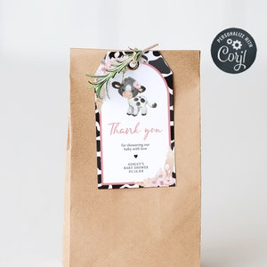 Editable Pink Cow Baby Shower Favor Tags, Girl Holy Cow Baby Shower Gift Tag, Boho Floral Highland Cow Farm Baby Shower Thank You Tags, 0662 image 1