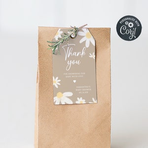 Bewerkbare madeliefje babyshower bedankkaartjes, Daisy Flower Boho cadeaus kraamcadeau tag, Groovy Daisy retro babyshower bedankkaartjes, 0634 afbeelding 1