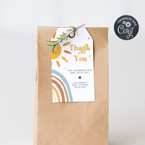 Modificabile Ecco che arriva il figlio Baby Shower Tag favore, Tag regalo Sunshine Baby Shower, Biy Retro Boho Sunshine FavorsTag Modello stampabile 0385