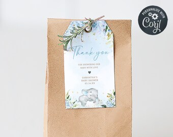 Editable Blue Elephant Baby Shower Favor Tags, Blue Floral Elephant Baby Shower Gift Tag, Blue Flowers Boy Baby Shower Thank You Tags, 0636
