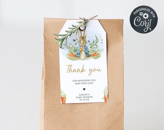 Bewerkbare peter konijn babyshower bedankkaartjes, blauwe peter konijn cadeaulabel babyshower, rustieke jongen peter konijn babyshower bedankkaartje 0625