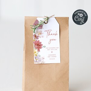 Editable Baby in Bloom Baby Shower Favor Tags, Spring Flowers Baby Shower Gift Tag, Pink Florals Girl Baby Shower Thank You Favor Tags, 0613 image 1