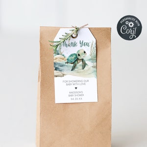 Editable Sea Turtle Baby Shower Favor Tag, Under The Sea Baby Shower Gift Tags, A Little Hatchling Ocean Baby Shower Thank You Tags, 0712 image 1