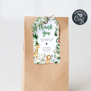Editable Greenery Safari Baby Shower Favor Tags, Floral Jungle Baby Shower Gift Tag, Safari Animals Wild One Baby Shower Thank You Tag, 0291 image 1