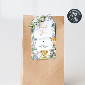 Etiquetas editables Wild One Baby Shower Favor, Jungle Safari Baby Shower Gift Tag, Greenery Safari Animals Baby Shower Gracias Favor Tags, 0648 imagen 1