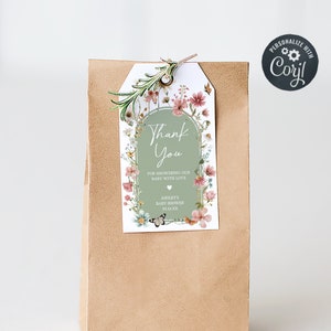 Bearbeitbares Baby in Bloom Babypartybevorzugungsanhänger, Boho Salbei grüner Wildblumen Babyparty Geschenkanhänger, Geschlechtsneutrale Babyparty Dankeschön 0676